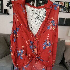 No Boundaries Red Button-Up Tie Front Tank